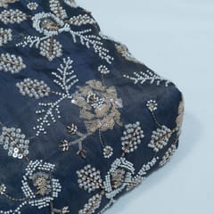 Grey Color Tissue Crepe Embroidered Fabric