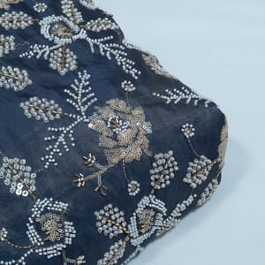 Grey Color Tissue Crepe Embroidered Fabric