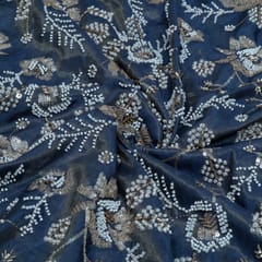 Grey Color Tissue Crepe Embroidered Fabric