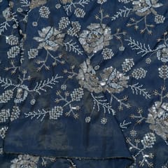 Grey Color Tissue Crepe Embroidered Fabric