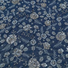 Grey Color Tissue Crepe Embroidered Fabric