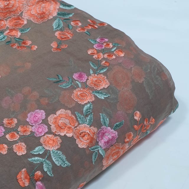 Taupe Color Georgette Embroidered Fabric