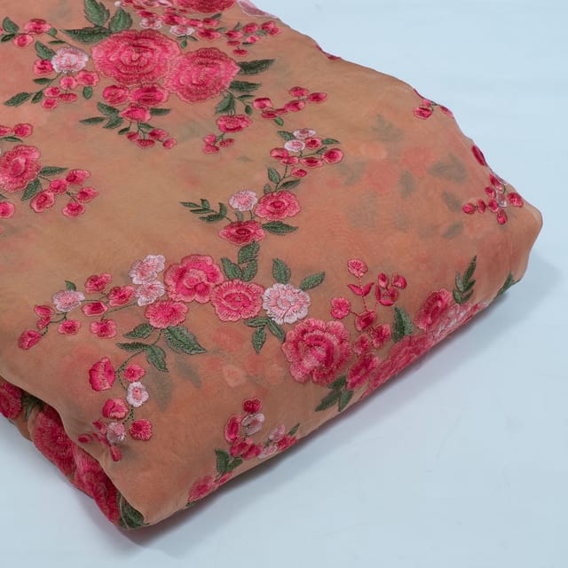 Dark Peach Color Georgette Embroidered Fabric