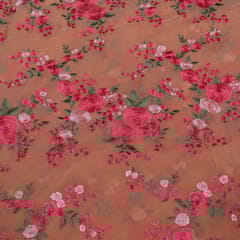 Dark Peach Color Georgette Embroidered Fabric