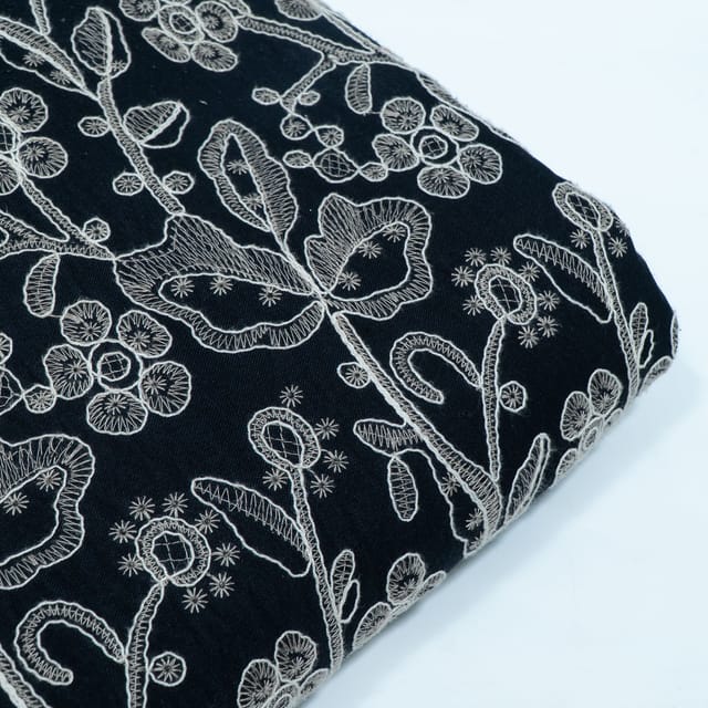 Black Color Linen Milanch Embroidered Fabric