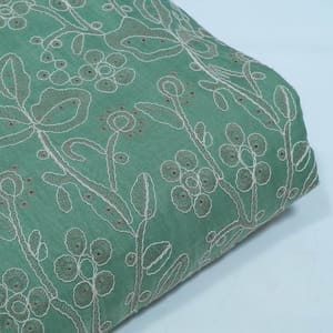 Green Color Linen Milanch Embroidered Fabric