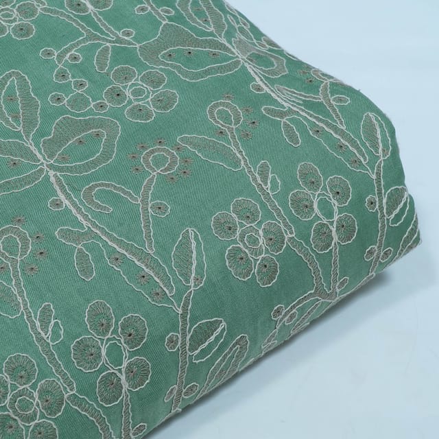 Green Color Linen Milanch Embroidered Fabric