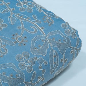 Greyish Blue Color Linen Milanch Embroidered Fabric