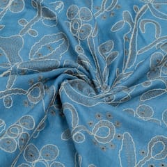 Greyish Blue Color Linen Milanch Embroidered Fabric