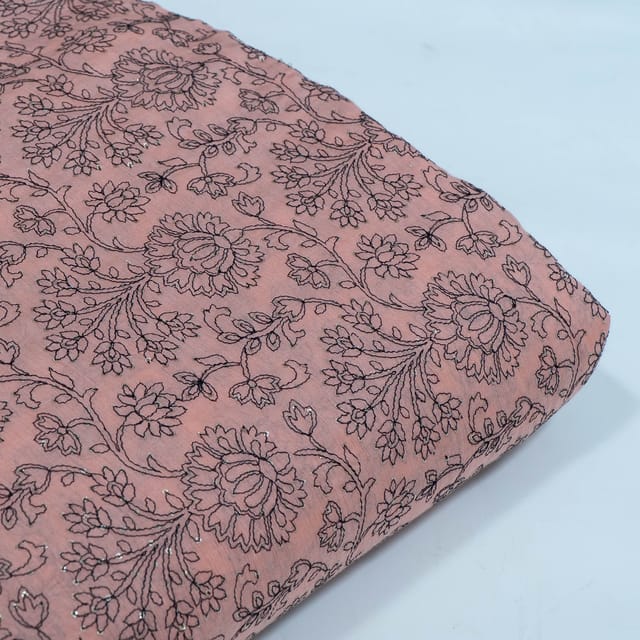 Peach Color Chanderi Embroidered Fabric