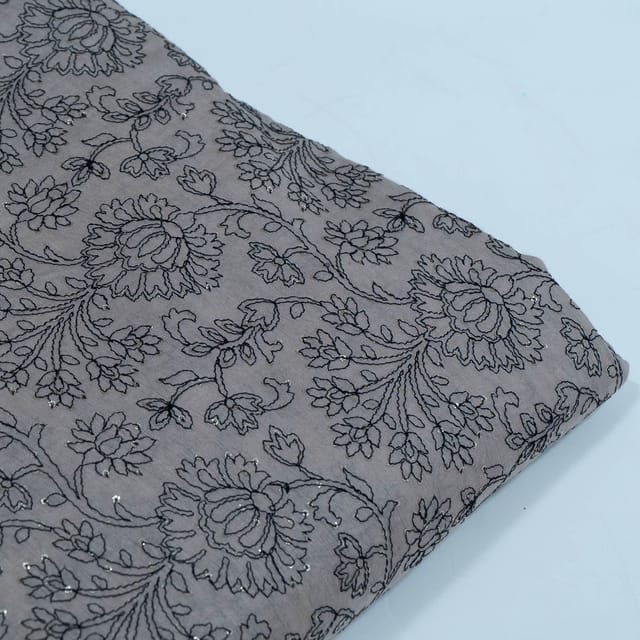 Taupe Color Chanderi Embroidered Fabric