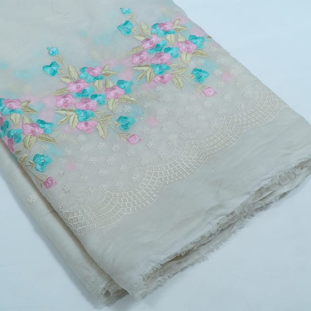 Off White Color Chanderi Embroidered Fabric