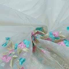 Off White Color Chanderi Embroidered Fabric