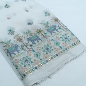 White Color Mul Cotton Embroidered Fabric