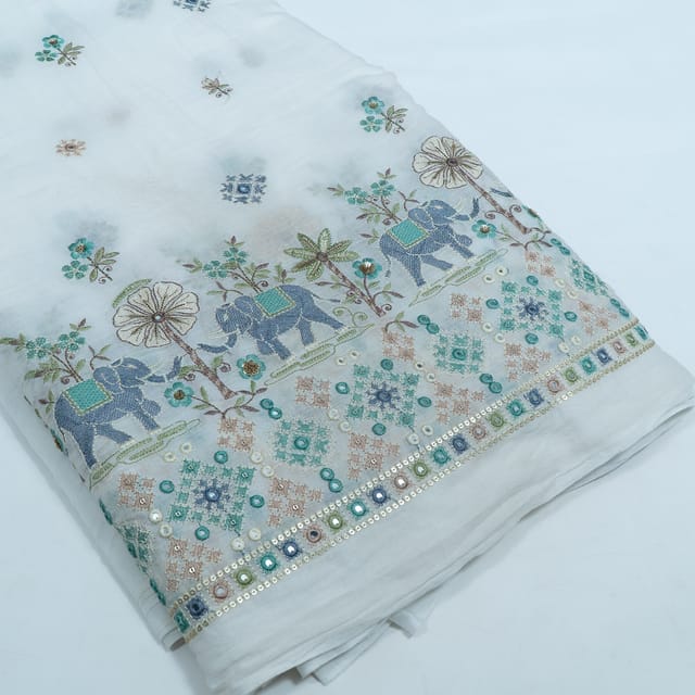 White Color Mul Cotton Embroidered Fabric