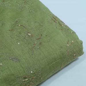 Green Color Mal Chanderi Embroidered Fabric