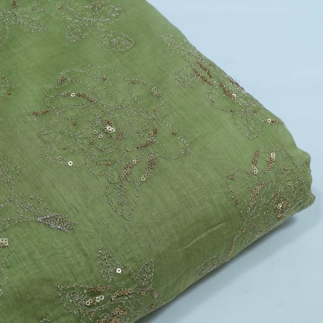 Green Color Mal Chanderi Embroidered Fabric