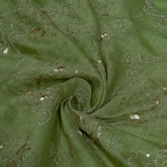 Green Color Mal Chanderi Embroidered Fabric