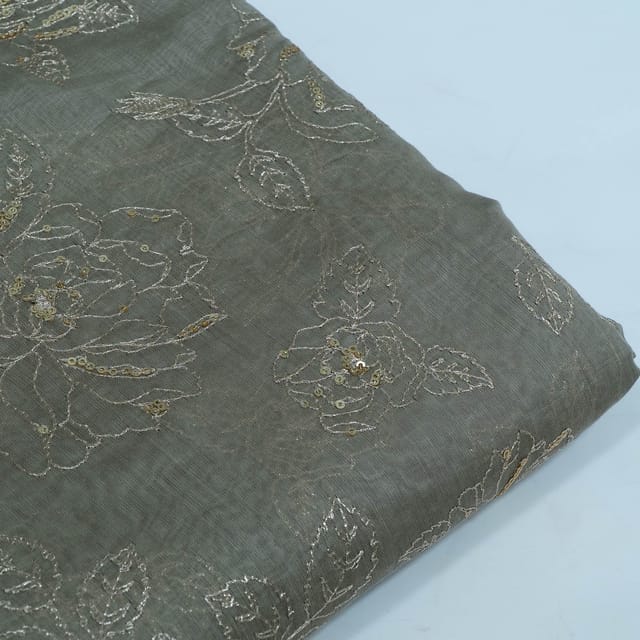 Grey Color Mal Chanderi Embroidered Fabric
