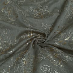 Grey Color Mal Chanderi Embroidered Fabric