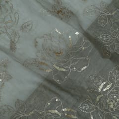 Grey Color Mal Chanderi Embroidered Fabric