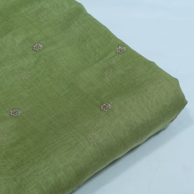 Green Color Mal Chanderi Embroidered Fabric