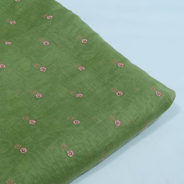 Green Color Mal Chanderi Embroidered Fabric