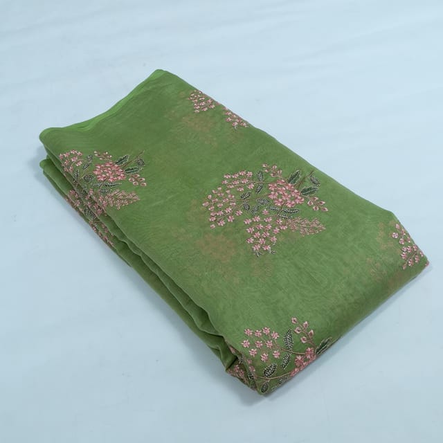 Green Color Mal Chanderi Embroidered Fabric