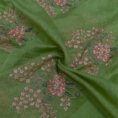 Green Color Mal Chanderi Embroidered Fabric