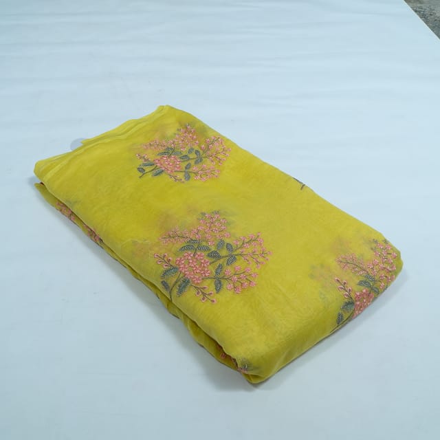 Yellow Color Mal Chanderi Embroidered Fabric