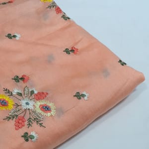 Peach Color Chanderi Embroidered Fabric