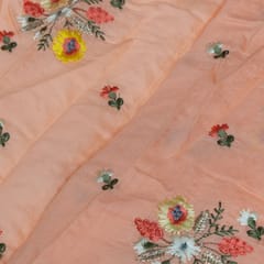 Peach Color Chanderi Embroidered Fabric
