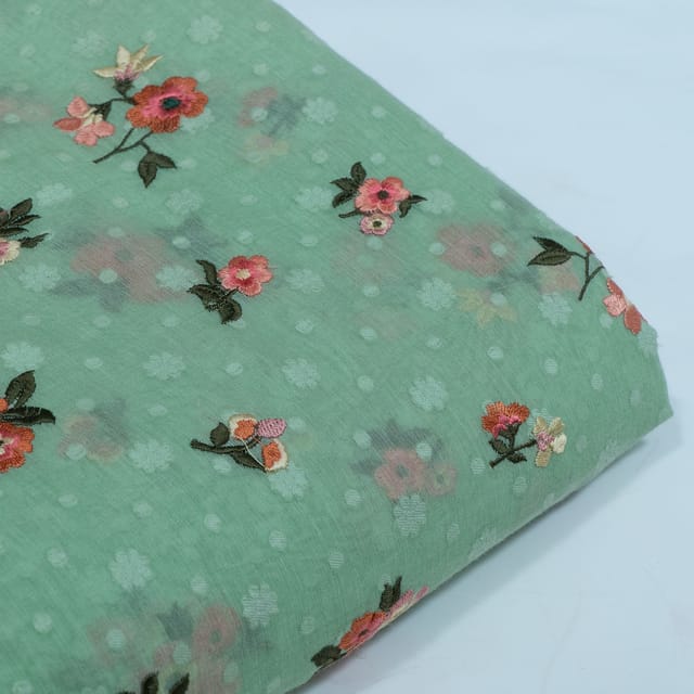 Green Color Mal Chanderi Embroidered Fabric
