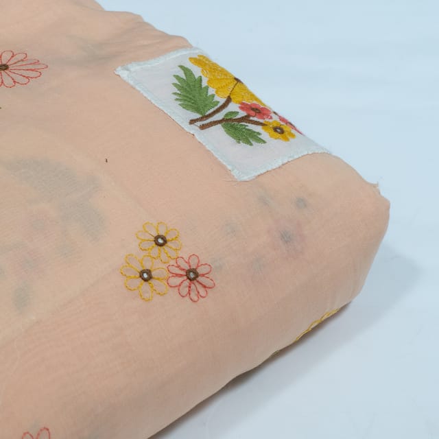 Peach Color Chanderi Patch Work Embroidered Fabric