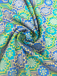 Teal Blue Colour Dola Silk Jacquard Positioned Printed Fabric