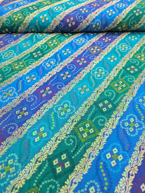 Teal Blue Colour Dola Silk Jacquard Positioned Printed Fabric