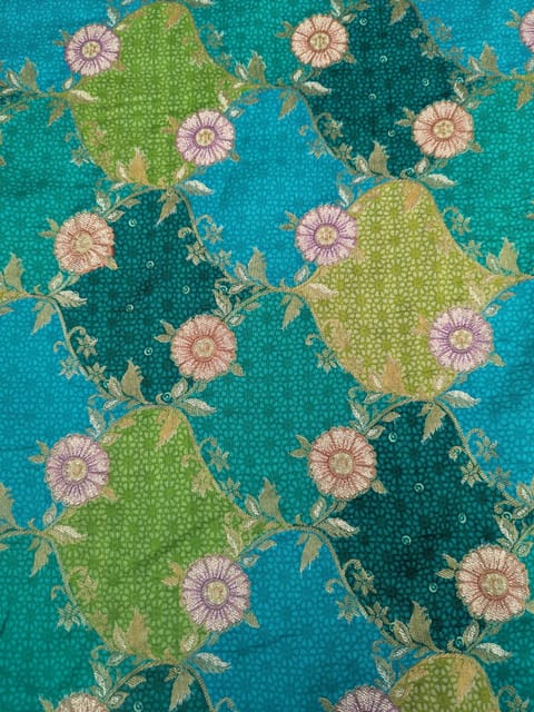 Green Colour Dola Silk Jacquard Positioned Printed Fabric