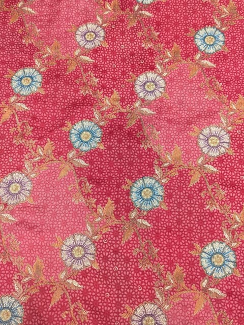 Red Colour Dola Silk Jacquard Positioned Printed Fabric