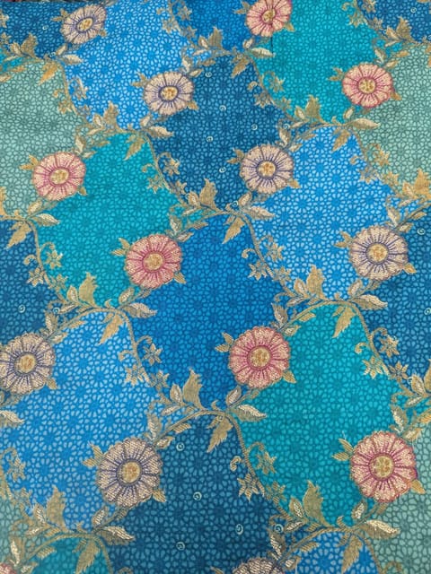 Royal Blue Colour Dola Silk Jacquard Positioned Printed Fabric