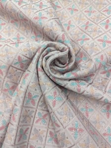 Dusty Pink Linen Fabric With Multi Colour Embroidery