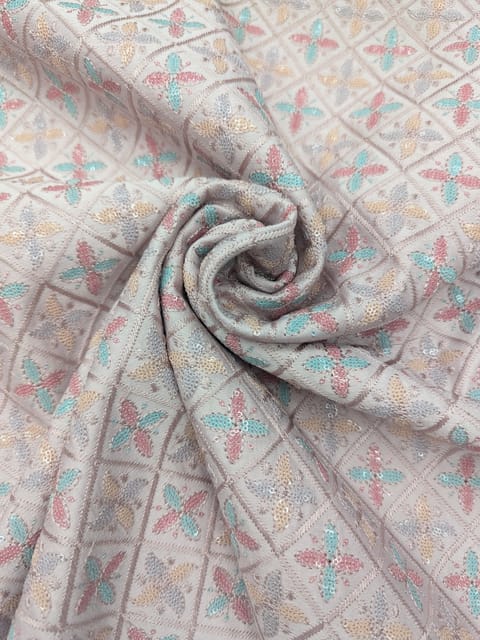 Dusty Pink Linen Fabric With Multi Colour Embroidery