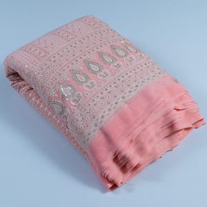 Peach Colour Georgette Thread Embroidered Fabric (1Meter cut Piece)