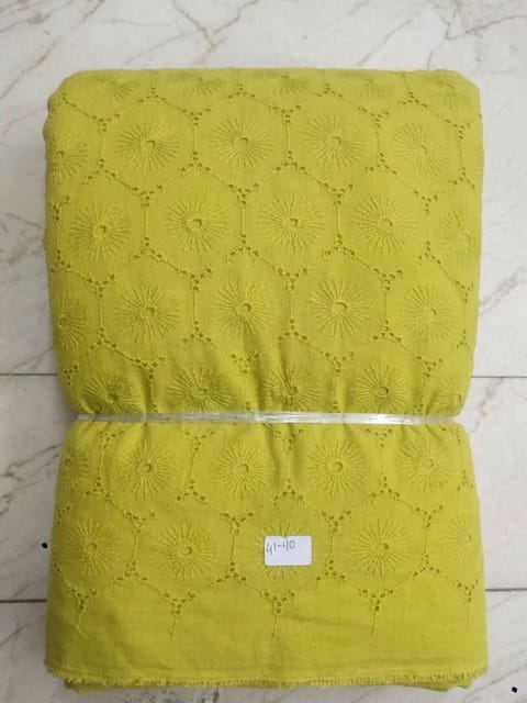 Mustard floral eyelet Schiffli Embroidered Fabric