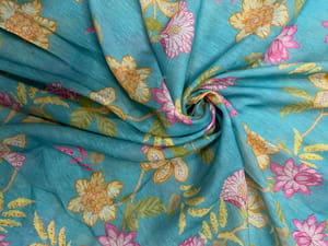 Sky Blue Floral Linen Organza Fabric