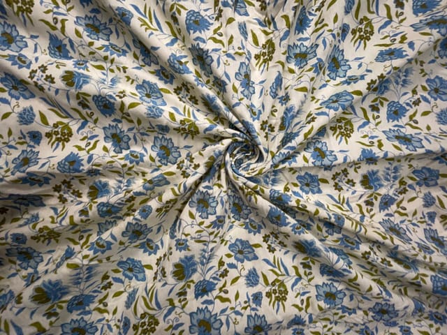 Blue Floral Cotton Slub Fabric