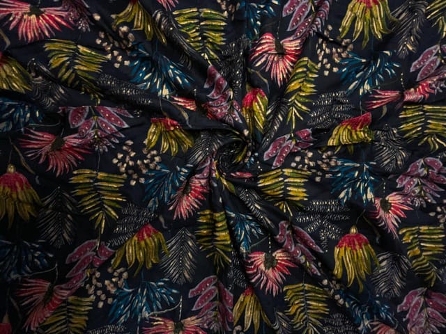 Navy Blue Floral Cotton Rayon Fabric