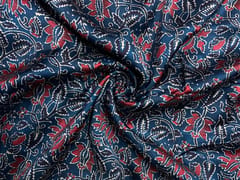 Dark Teal Blue Red Floral Modal Satin Fabric