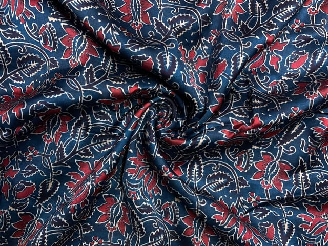 Dark Teal Blue Red Floral Modal Satin Fabric