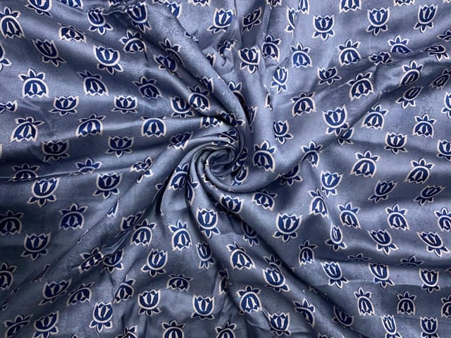 Grey Blue Lotus Floral Modal Satin Fabric