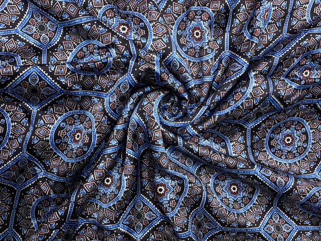 Black Blue Geometric Modal Satin Fabric